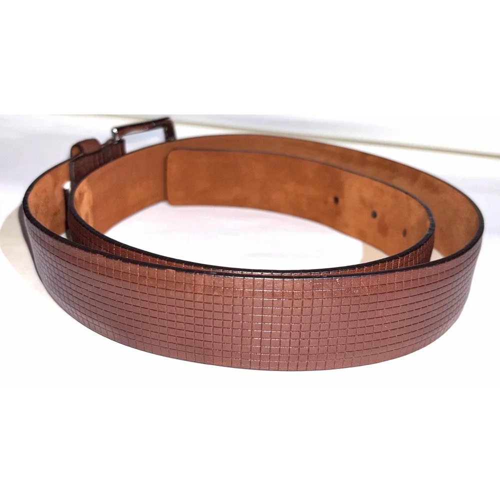 Cole Haan A34759 Grid Textured Brown Leather Silver Buckle Belt Size 34 85